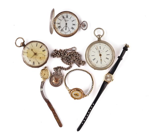 AN OMEGA 9CT GOLD CASED LADY'S WRISTWATCH, FURTHER WATCHES AND A SILVER WATCH ALBERT CHAIN (7)