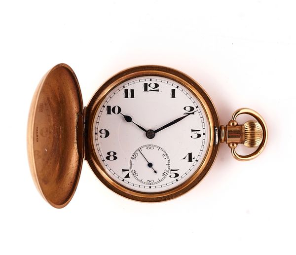A 9CT GOLD, KEYLESS WIND, HUNTING CASED GENTLEMAN'S POCKET WATCH