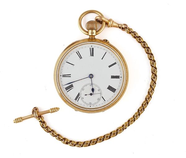 AN 18CT GOLD CASED KEYLESS WIND OPENFACED POCKET WATCH AND A CHAIN (2)