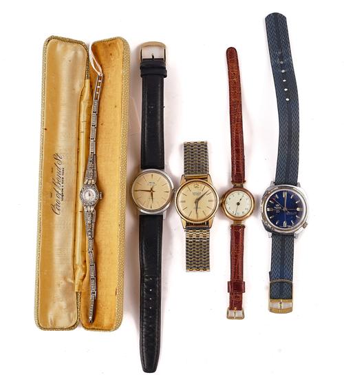 A CIRO SILVER AND COLOURLESS PASTE LADIES BRACELET WRISTWATCH AND FOUR FURTHER WRISTWATCHES (5)
