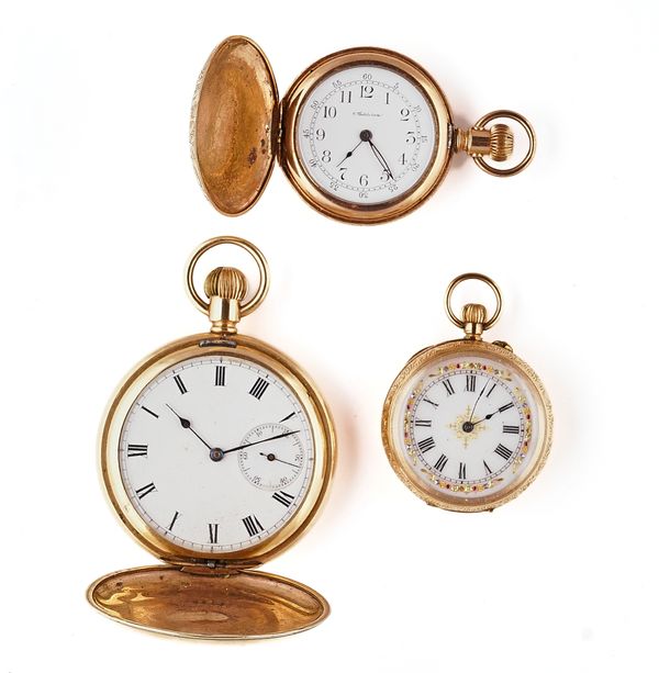 A GOLD CASED KEYLESS WIND, OPENFACED FOB WATCH AND TWO FURTHER WATCHES (3)