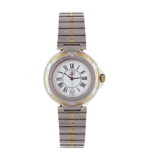 A DUNHILL QUARTZ STEEL AND GILT METAL GENTLEMAN'S BRACELET WRISTWATCH