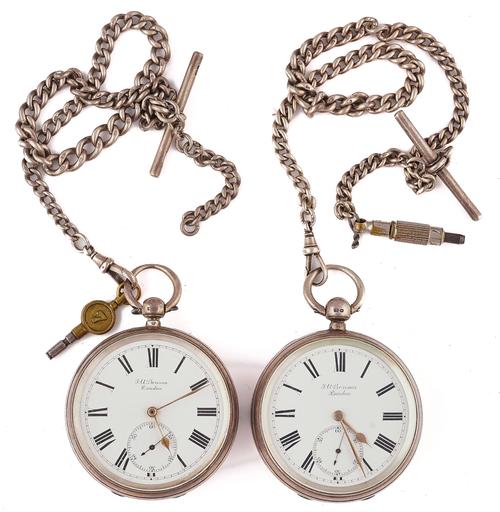 TWO SILVER CASED, KEY WIND, OPENFACED GENTLEMEN'S POCKET WATCHES (4)