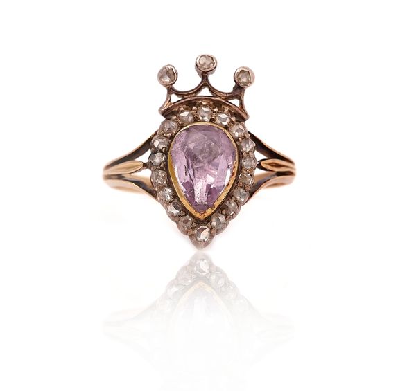 A VICTORIAN GOLD AND SILVER SET PINK TOPAZ & DIAMOND RING