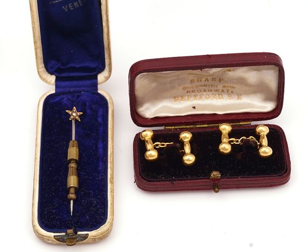 A PAIR OF 18CT GOLD CUFFLINKS AND A GOLD AND SEED PEARL STICK PIN (3)