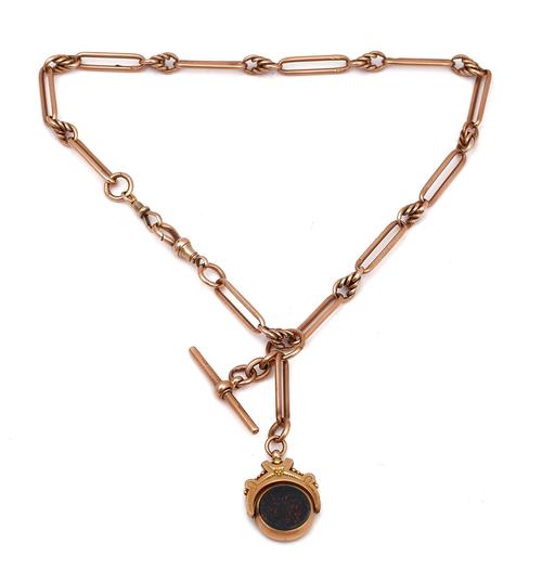 A 9CT GOLD BAR AND KNOT LINK GENTLEMAN'S WATCH ALBERT CHAIN