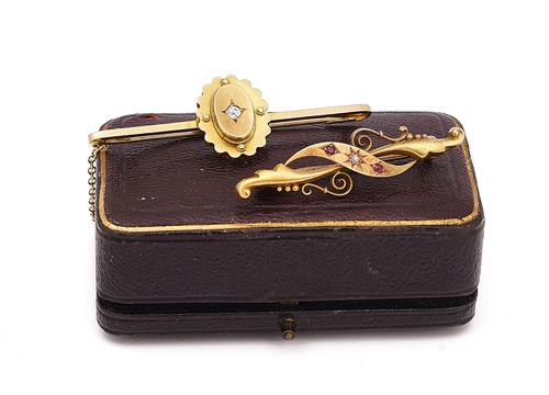TWO GOLD AND GEM SET BAR BROOCHES
