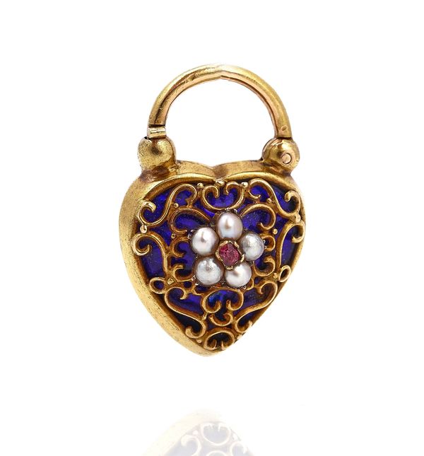 A GOLD, BLUE ENAMELLED AND GEM SET HEART SHAPED LOCKET CLASP