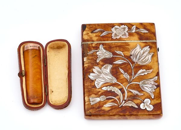 A VICTORIAN CARD CASE AND A 9CT GOLD MOUNTED AMBER CHEROOT HOLDER (2)