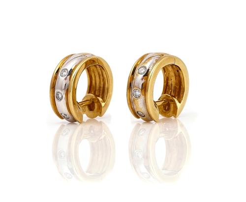 A PAIR OF TWO COLOUR GOLD AND DIAMOND EARRINGS