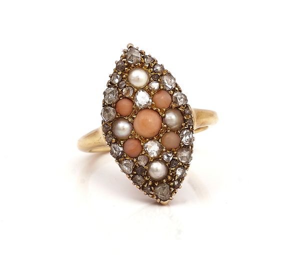 A GOLD, DIAMOND, CORAL AND HALF PEARL SET MARQUISE SHAPED CLUSTER RING