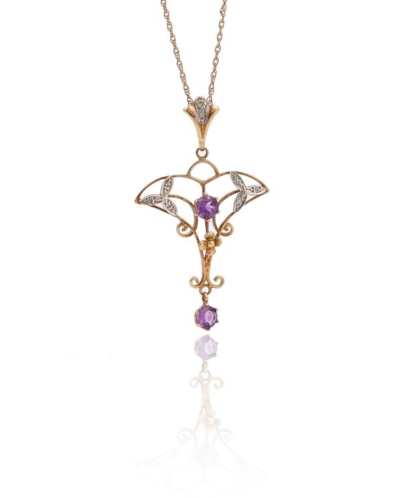 A GOLD, AMETHYST AND DIAMOND PENDANT WITH A GOLD NECKCHAIN (2)