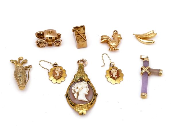 A PAIR OF 9CT GOLD AND SHELL CAMEO EARRINGS AND SEVEN FURTHER ITEMS (8)