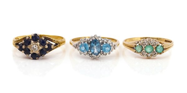 AN 18CT GOLD, SAPPHIRE AND DIAMOND RING AND TWO FURTHER RINGS (3)
