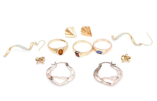 THREE 9CT GOLD AND GEM SET RINGS AND FOUR PAIRS OF EARRINGS (7)