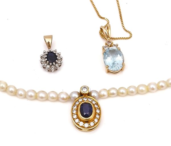 A GOLD, SAPPHIRE, DIAMOND AND CULTURED PEARL NECKLACE AND THREE FURTHER ITEMS (4)