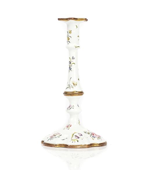 A GEORGE III SOUTH STAFFORDSHIRE ENAMEL TAPERSTICK