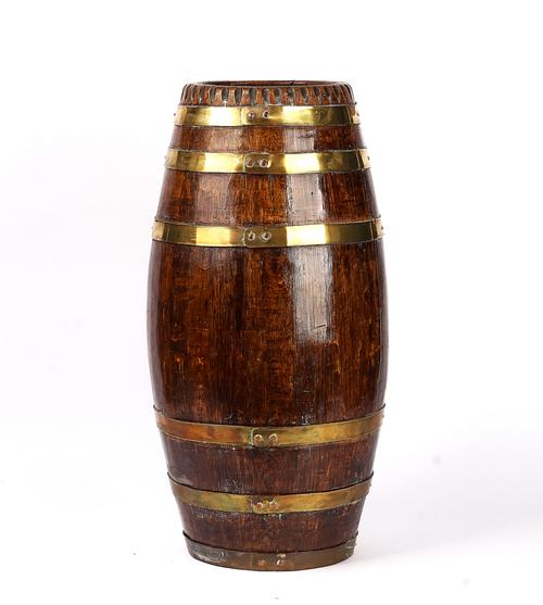 A BRASS-BOUND COOPERED BARREL STICK STAND