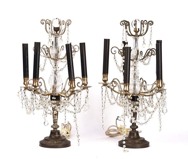 A PAIR OF FRENCH METAL AND GLASS FIVE-LIGHT CANDELABRA