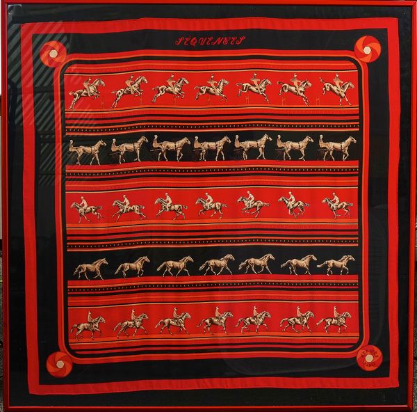 CATY LATHAM FOR HERMES; A RED, BLACK AND ORANGE SILK SCARF, ‘SEQUENCES’