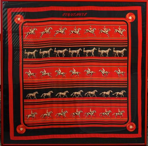 CATY LATHAM FOR HERMES; A RED, BLACK AND ORANGE SILK SCARF, ‘SEQUENCES’