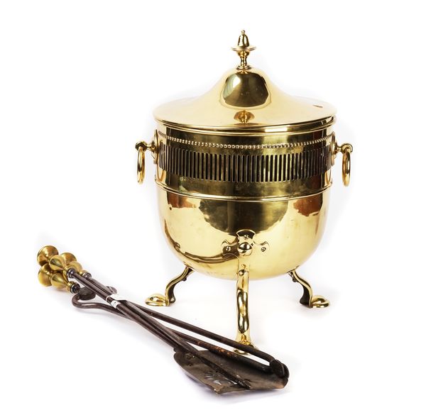 A LACQUERED BRASS COAL BUCKET AND FIRE TOOLS