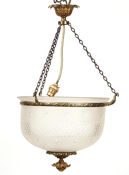 A REGENCY STYLE GILT-BRASS MOUNTED FROSTED GLASS HANGING LIGHT