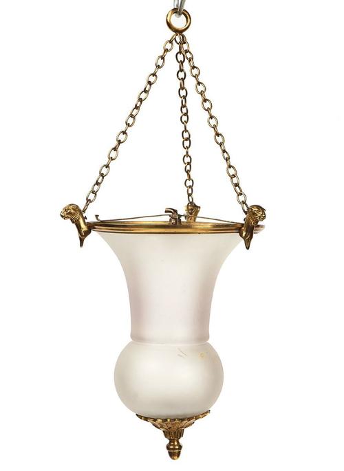 A REGENCY STYLE GILT-BRASS FROSTED GLASS PENDANT LIGHT