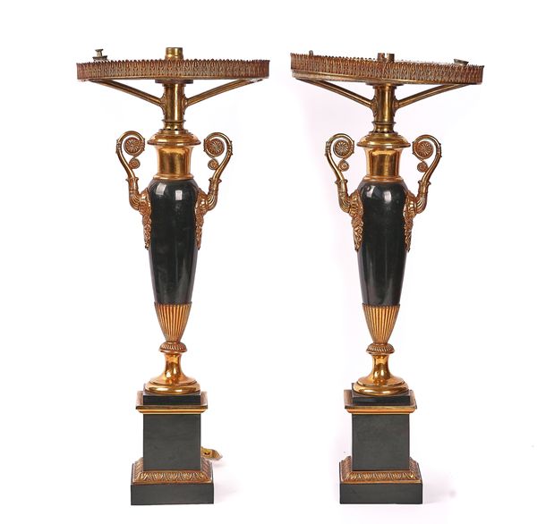 A PAIR OF FRENCH GILT-BRASS AND TOLE PEINTE SINUMBRA TABLE LAMPS