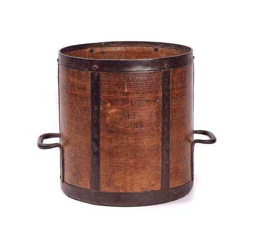 AN IRON BOUND BENTWOOD HALF BUSHELL GRAIN MEASURE AND WOOL COMB