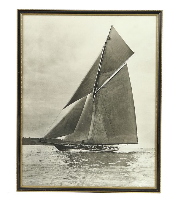 A BLACK AND WHITE PRINT OF HMY BRITANNIA (ROYAL CUTTER YACHT)