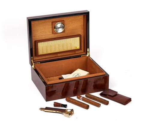 A BURR WALNUT VENEERED HUMIDOR
