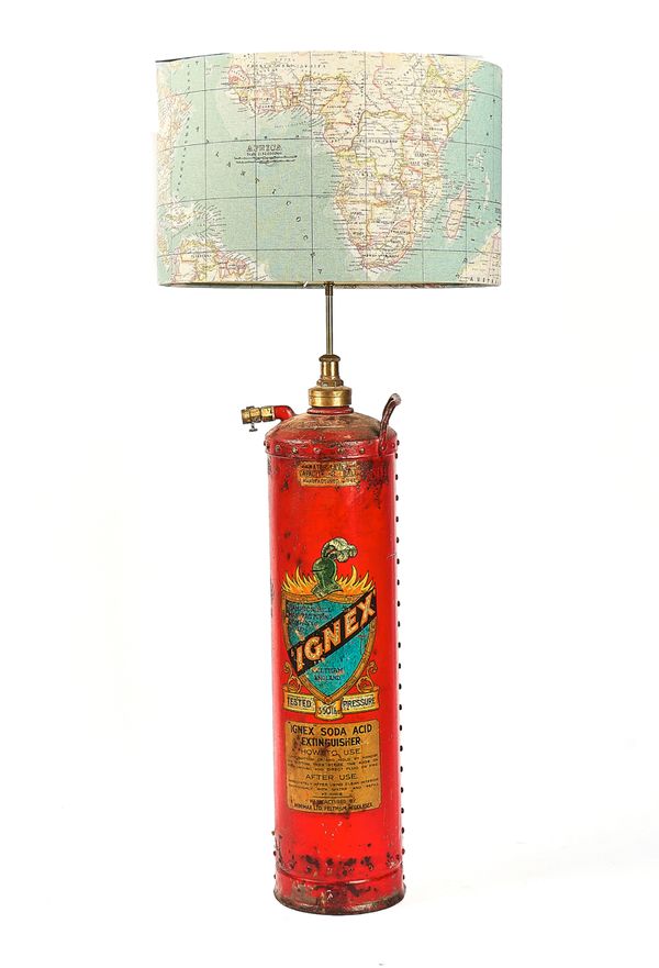 MINIMAX LTD.; A RED PAINTED AND RIVETED FIRE EXTINGUISHER DATED 1941, LATER ADAPTED INTO A TABLE LAMP