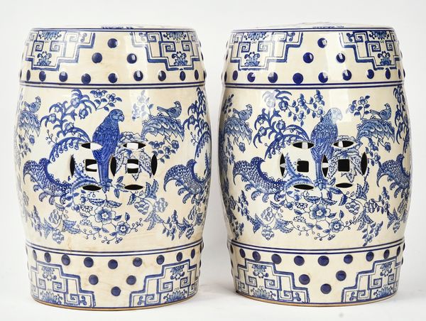 A PAIR OF CHINESE BLUE AND WHITE CERAMIC BARREL SHAPED GARDEN SEATS (2)