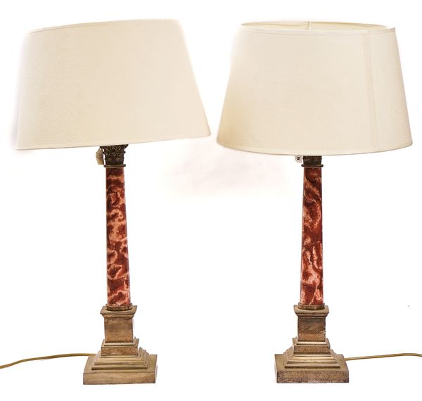 A PAIR OF SILVER PLATED AND MARBLE MOUNTED CORINTHIAN COLUMN TABLE LAMPS