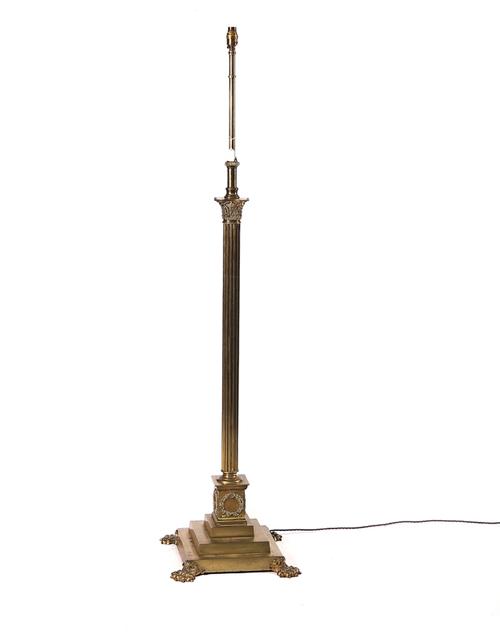 A GILT LACQUERED BRASS ADJUSTABLE CORINTHIAN COLUMN FLOOR STANDING LIGHT