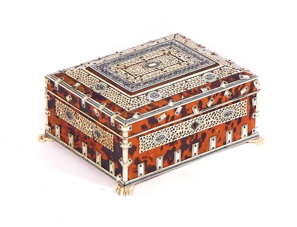 A 19TH CENTURY ANGLO-INDIAN TORTOISESHELL AND IVORY RECTANGULAR WORK BOX