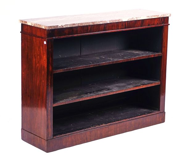 A REGENCY MARBLE TOPPED ROSEWOOD FLOOR STANDING OPEN BOOKCASE
