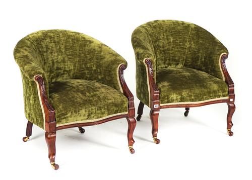 A PAIR OF EDWARDIAN MAHOGANY FRAMED TUB BACK ARMCHAIRS (2)