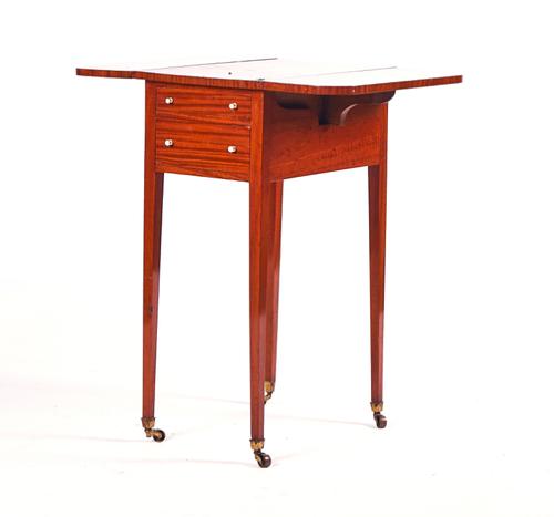 AN EDWARDIAN SATINWOOD DROP-FLAP TWO DRAWER WORK TABLE