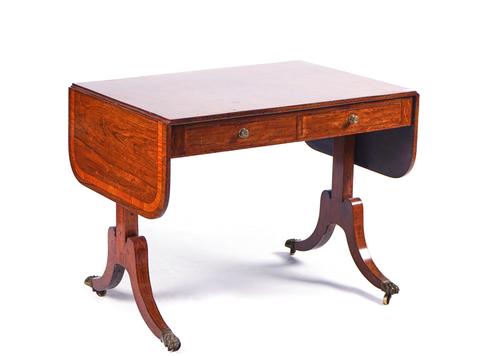 A GEORGE III SATINWOOD BANDED ROSEWOOD TWO DRAWER SOFA TABLE