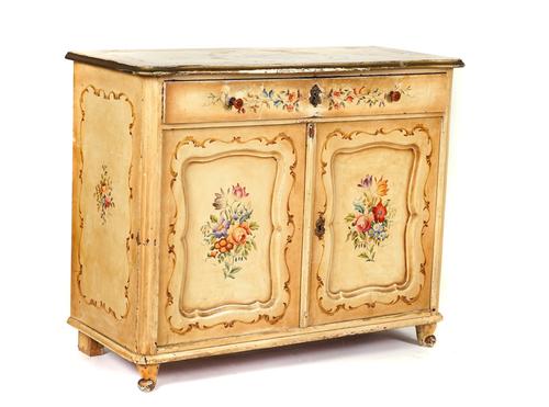 A 19TH CENTURY FRENCH LATER POLYCHROME PAINTED SIDE CABINET