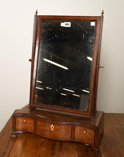 EDWARDS AND ROBERTS; A GEORGE III MARQUETRY INLAID MAHOGANY TOILET  MIRROR WITH SERPENTINE THREE DRAWER BASE