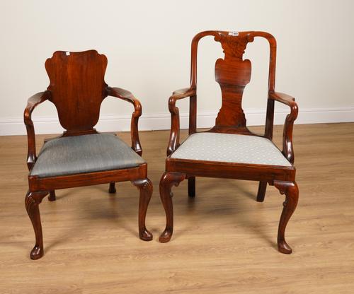 AN 18TH CENTURY WALNUT VASE BACK OPEN ARMCHAIR (2)
