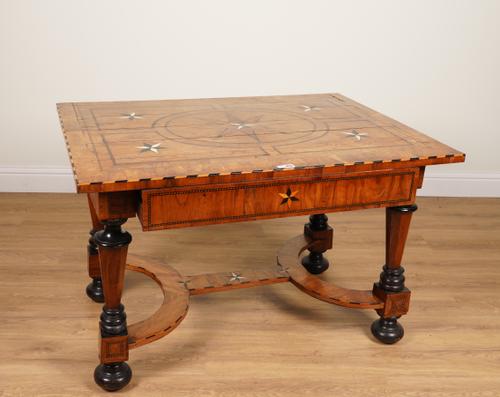 A 19TH CENTURY ITALIAN EBONY AND IVORY INLAID FIGURED WALNUT SINGLE DRAWER SIDE TABLE