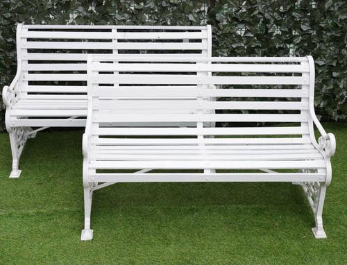 WITHDRAWN.  A PAIR OF EARLY 20TH CENTURY WHITE PAINTED CAST IRON GARDEN BENCHES (2)