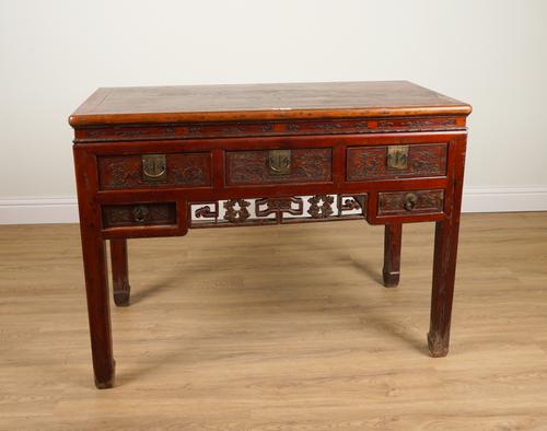 CHINESE-EXPORT RED LACQUER THREE DRAWER SIDE TABLE