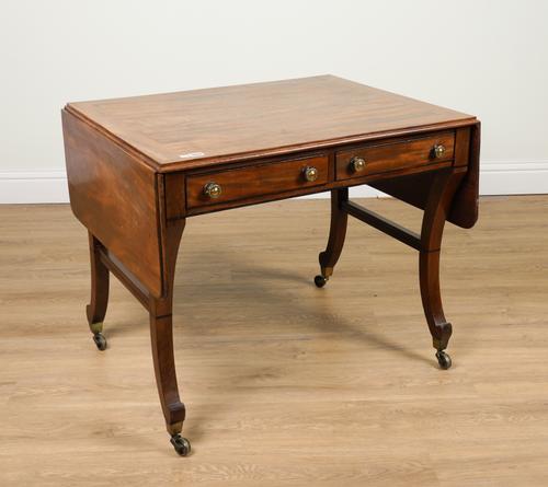 A REGENCY MAHOGANY DROP FLAP TWO DRAWER SOFA TABLE