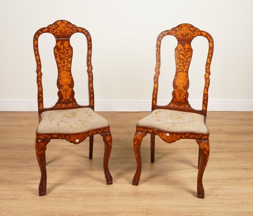 A PAIR OF 19TH CENTURY DUTCH FLORAL MARQUETRY INLAID HIGH BACK SIDE CHAIRS (2)