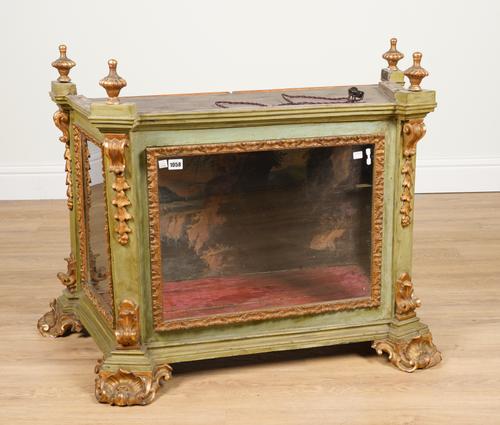 A 19TH CENTURY ITALIAN POLYCHROME PAINTED PARCLE-GILT TABLE TOP DISPLAY CABINET